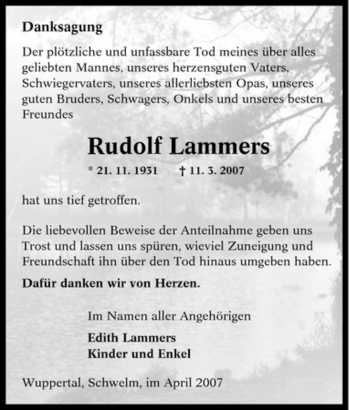 Traueranzeige von Rudolf Lammers von Tageszeitung
