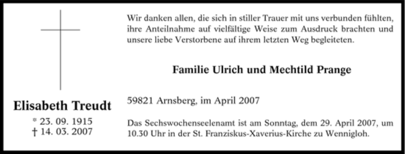  Traueranzeige für Elisabeth Treudt vom 21.04.2007 aus Tageszeitung