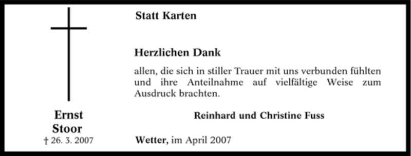  Traueranzeige für Ernst Stoor vom 21.04.2007 aus Tageszeitung