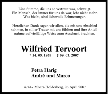 Traueranzeige von Wilfried Tervoort von Tageszeitung