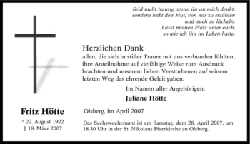 Traueranzeige von Fritz Hötte von Tageszeitung