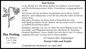 Traueranzeige von Ilse Freitag von Tageszeitung