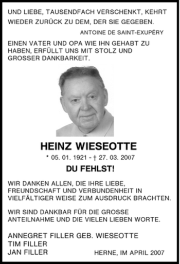 Traueranzeige von Heinz Wieseotte von Tageszeitung