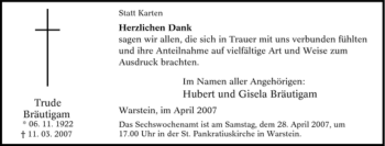 Traueranzeige von Trude Bräutigam von Tageszeitung