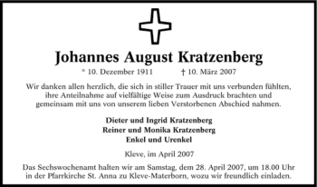 Traueranzeige von Johannes August Kratzenberg von Tageszeitung