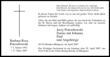 Traueranzeige von Barbara Rosa Potrzebowski von Tageszeitung