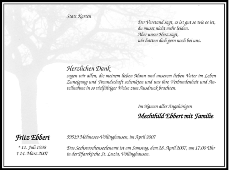  Traueranzeige für Fritz Ebbert vom 21.04.2007 aus Tageszeitung