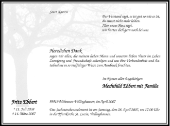 Traueranzeige von Fritz Ebbert von Tageszeitung