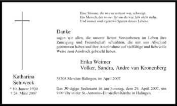 Traueranzeige von Katharina Schiweck von Tageszeitung