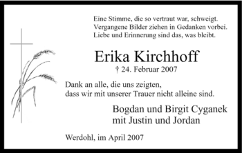 Traueranzeige von Erika Kirchhoff von Tageszeitung
