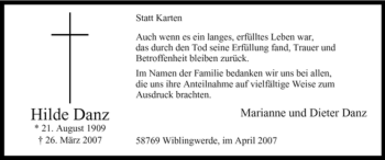 Traueranzeige von Hilde Danz von Tageszeitung
