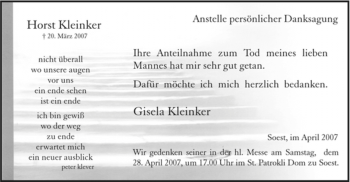 Traueranzeige von Horst Kleinker von Tageszeitung