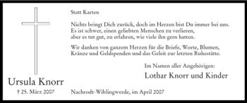 Traueranzeige von Ursula Knorr von Tageszeitung