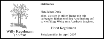 Traueranzeige von Willy Kegelmann von Tageszeitung