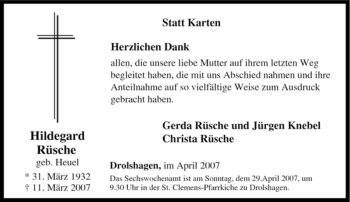 Traueranzeige von Hildegard Rüsche von Tageszeitung