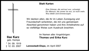 Traueranzeige von Ilse Kurz von Tageszeitung