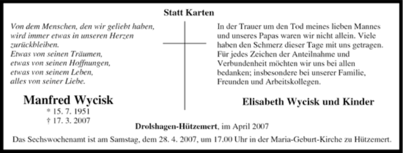  Traueranzeige für Manfred Wycisk vom 24.04.2007 aus Tageszeitung