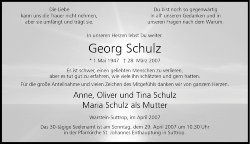  Traueranzeige für Georg Schulz vom 24.04.2007 aus Tageszeitung