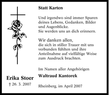 Traueranzeige von Erika Stoer von Tageszeitung