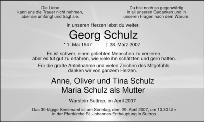  Traueranzeige für Georg Schulz vom 24.04.2007 aus Tageszeitung