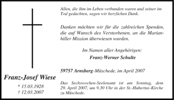 Traueranzeige von Franz-Josef Wiese von Tageszeitung