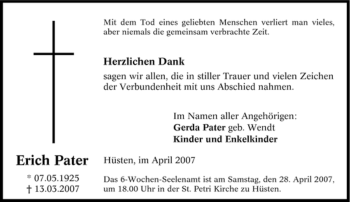 Traueranzeige von Erich Pater von Tageszeitung