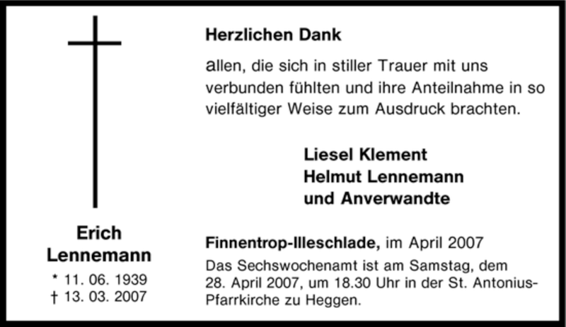 Traueranzeigen von Erich Lennemann TrauerinNRW.de