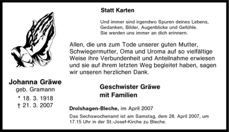  Traueranzeige für Johanna Gräwe vom 25.04.2007 aus Tageszeitung