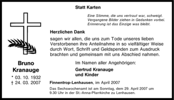 Traueranzeige von Bruno Kranauge von Tageszeitung