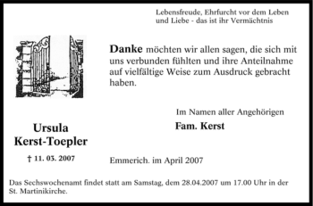 Traueranzeige von Ursula Kerst-Toepler von Tageszeitung