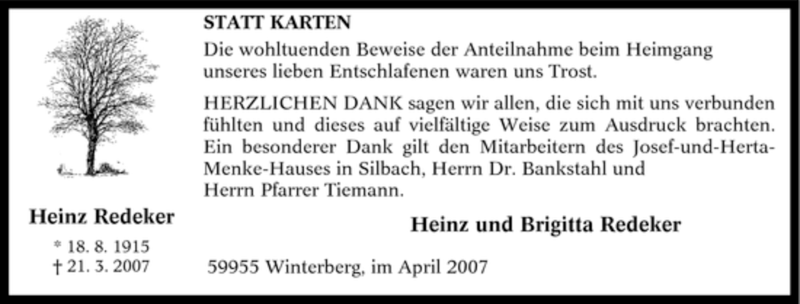  Traueranzeige für Heinz Redeker vom 25.04.2007 aus Tageszeitung