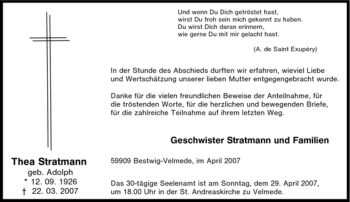 Traueranzeige von Thea Stratmann von Tageszeitung