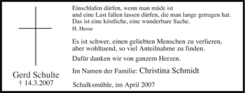 Traueranzeige von Gerd Schulte von Tageszeitung