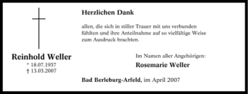 Traueranzeige von Reinhold Weller von Tageszeitung