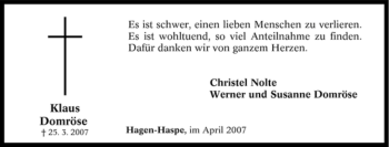 Traueranzeige von Klaus Domröse von Tageszeitung
