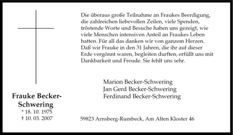  Traueranzeige für Frauke Becker-Schwering vom 27.04.2007 aus Tageszeitung