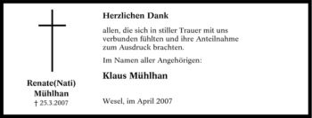 Traueranzeige von Renate Mühlhan von Tageszeitung