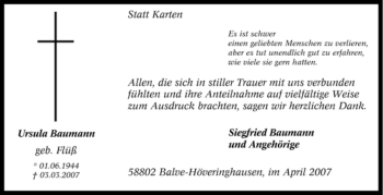 Traueranzeige von Ursula Baumann von Tageszeitung