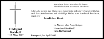 Traueranzeige von Hildegard Beckhoff von Tageszeitung