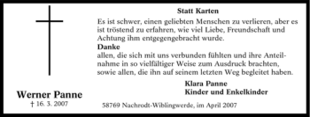 Traueranzeige von Werner Panne von Tageszeitung