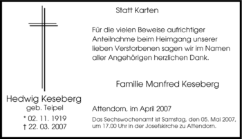 Traueranzeige von Hedwig Keseberg von Tageszeitung