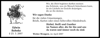 Traueranzeige von Edwin Behnke von Tageszeitung