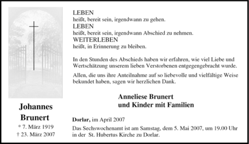 Traueranzeige für Johannes Brunert vom 28.04.2007 aus Tageszeitung