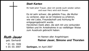 Traueranzeige von Ruth Jauer von Tageszeitung