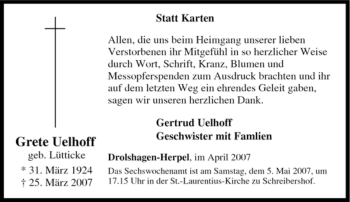 Traueranzeige von Grete Uelhoff von Tageszeitung