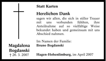 Traueranzeige von Magdalena Bogdanski von Tageszeitung