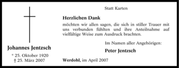 Traueranzeige von Johannes Jentzsch von Tageszeitung