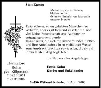 Traueranzeige von Hannelore Kuhn von Tageszeitung