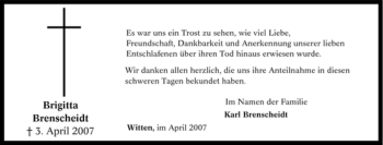 Traueranzeige von Brigitta Brenscheidt von Tageszeitung