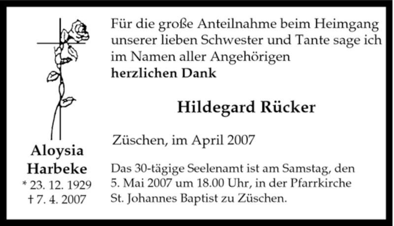  Traueranzeige für Aloysia Harbeke vom 28.04.2007 aus Tageszeitung